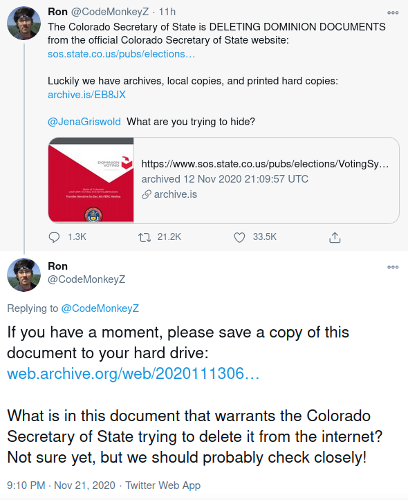 Ron, CodeMonkeyZ, Colorado SOS deleting Dominion documents, 20201121.png